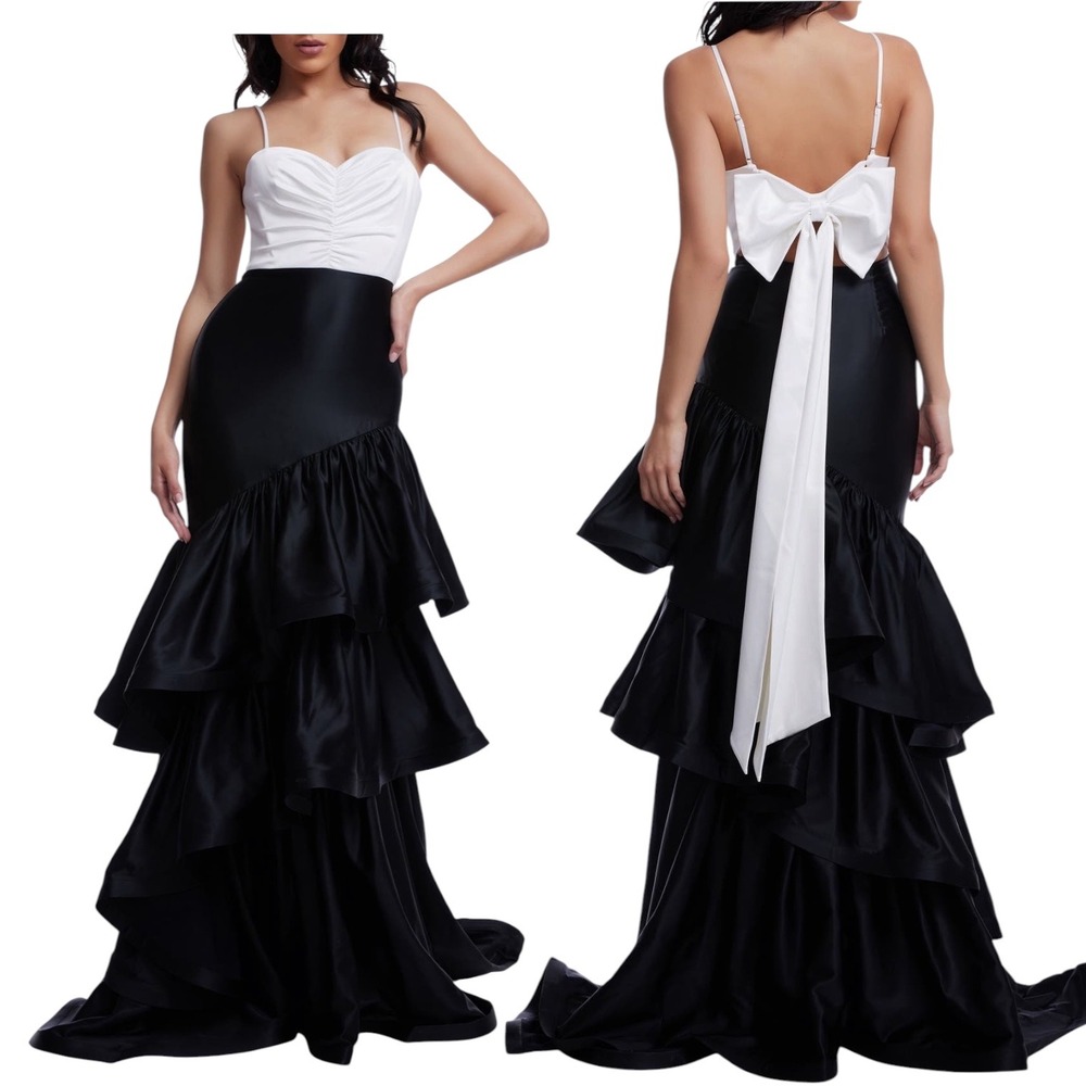 Dress The Population Black White Bow Back Tiered Mermaid Gown Size L NEW
